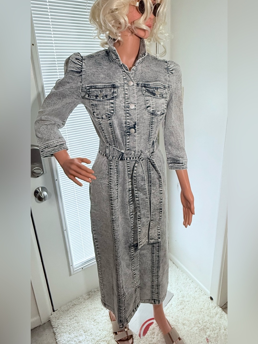 NWOT VENUS Washed Denim Midi Shirt Dress with Tie Waist - Picture 2 of 3